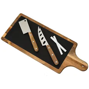 Slate Cheese Cutting Board Knife Set with Chalk, Charcuterie Platter Tray & Tools for Party Chopping Blocks Bamboo Square