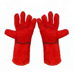 14"Long Red Animal Handling Gloves Cow Split Leather Working Gloves Welding Gloves