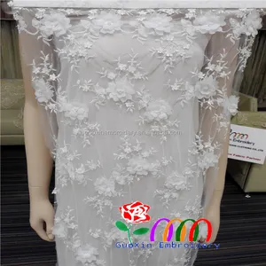 Weiß Hochzeit braut 3D spitze stoff-gipure spitze stoff-Nylon mesh nähen weiß mini stoff blume mit kristall zentrum