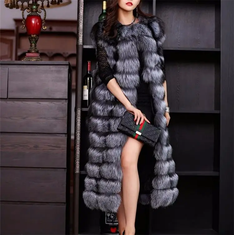 2022 New Arrived Fashion Ladies silver fox fur long Jackets Women Faux Fox Fur Long Vest