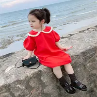 Neue Mädchen Kleid Mädchen einfarbig Puppen kragen elegante Kinder Sommer Baby Kleid Kinder Kleidung Kinder Kleidung rotes Kleid