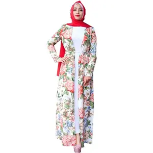 Wholesale floral print summer long muslim dress kaftan modest abaya flower soft crepe open abaya