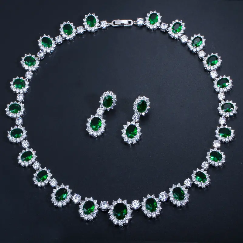 Dazzling ovale grote CZ zirkoon emerald zonnebloem accessoires vrouwen sieraden ketting oorbellen set