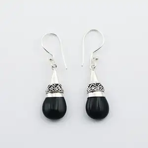 Handmade Antiqued Sterling Silver Black Agate Bali Earrings