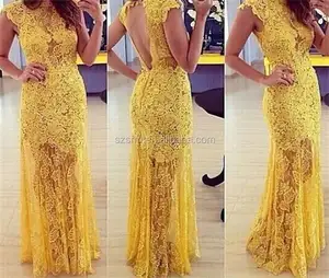 Yellow Gorgeous Bateau Mermaid Floor Length Sleeveless Party Prom Dress Lace Zipper Back Hollow Evening Dress 2018