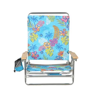 Custom 5 Position Wooden Armrest Outdoor Portable Lightweight Aluminium Folding Beach Chair für Heavy People