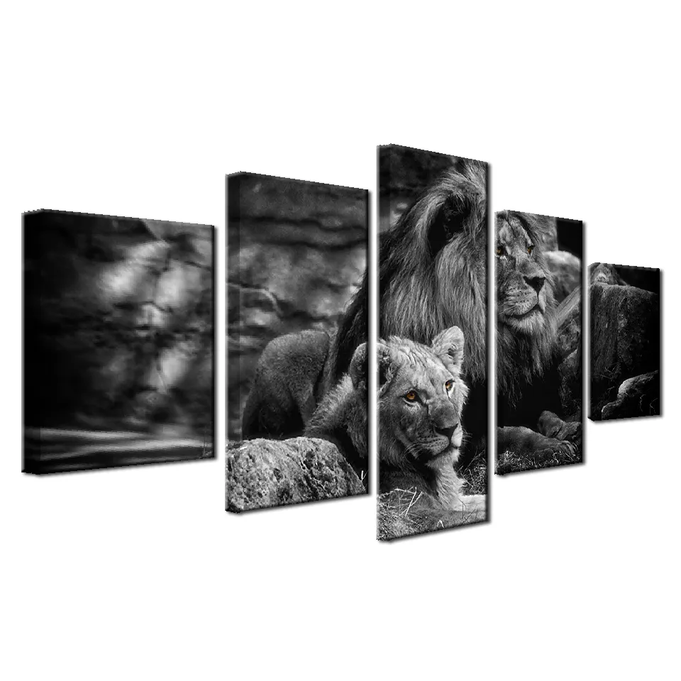 Modulare Leinwand Wandbilder Gedruckt Poster Wohnkultur Rahmen 5 stück Schwarz Weiß Tier Bilder König Der Wald Lions malerei