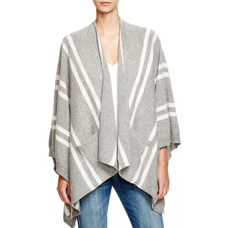 Lady Stripe Oversize Droped Open Front Cashmere Cardigan Poncho