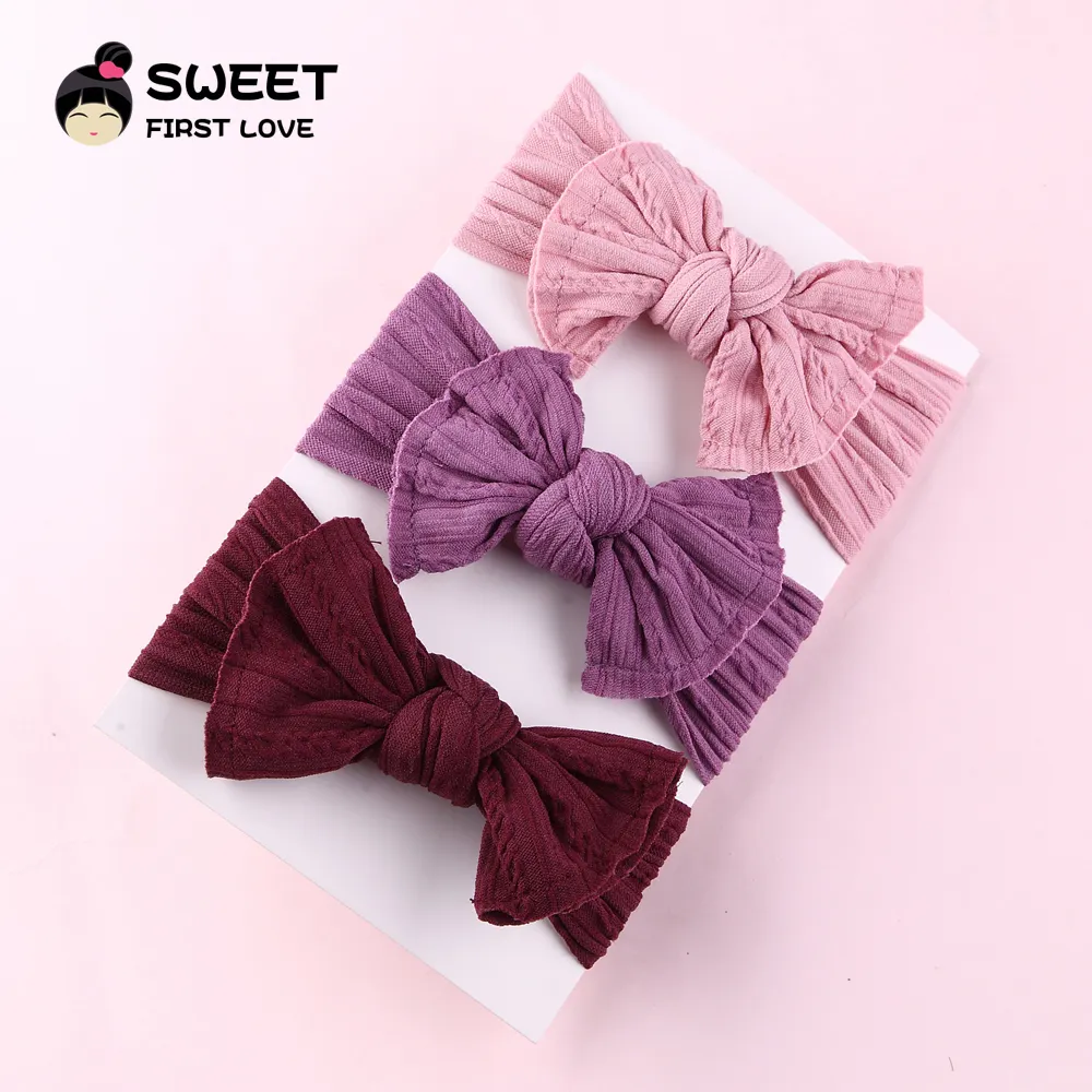 27 Color Stock China Direct Factory Sale Low Price Custom Big Bow Baby Hairband Pretty New Cable Knit Girl Nylon Headband