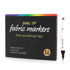 12 colors dual tip fabric markers with fine and broad tips of non-toxic washable or permanent ink for selection