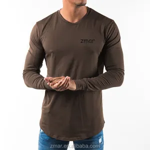 LPT558 Dark Brown Scalloped Hem Custom Fitness Clothing Men Long Sleeve T Shirt