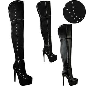 Botas hasta la rodilla hasta el muslo de cuero Sexy con plataforma tachonada para mujer Botas largas con remaches elásticos Punk - Product Image 5