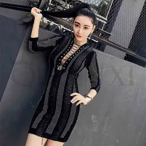 A2044 Zwart Katoen Knit Front Lace Up Mini Jurk Lange Mouwen Rhinestone Bodycon Jurk