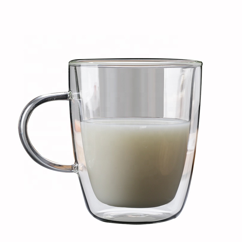 250ml Double Wall Glass Mug with Handle Heat Resistant Coffee Cup for Latte Tea Water Cappuccino Set Lids for Commercial Use