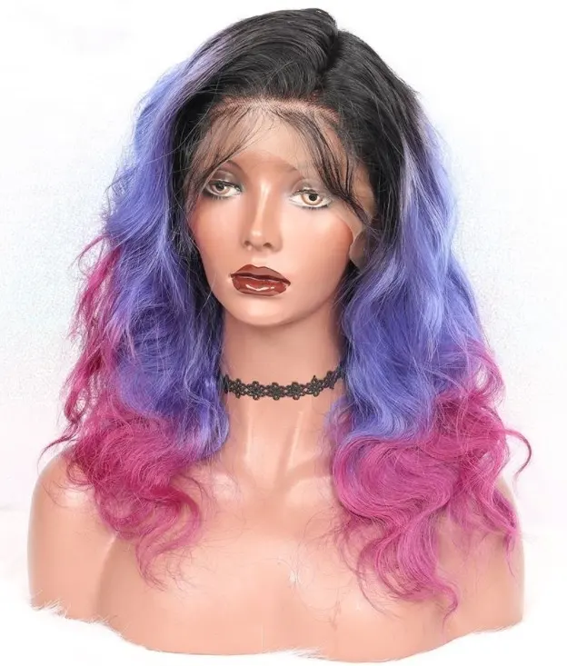 Perruque full lace wig body wave brésilienne naturelle — monstar, cheveux humains, 3 tons 1b, violet, rose ombré, 20 pouces, 10a