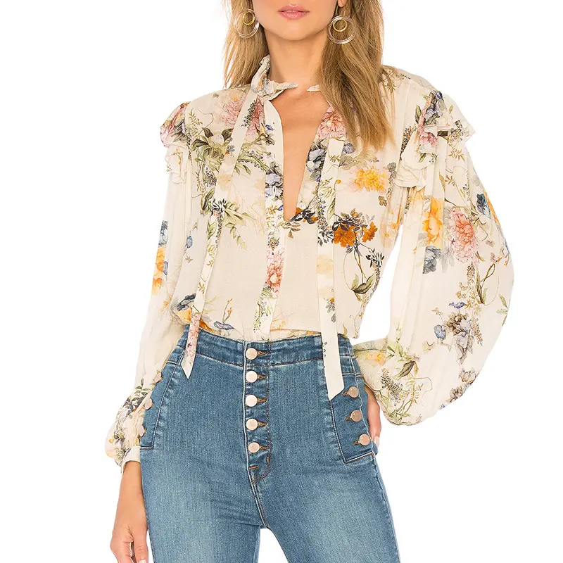 Custom Designs Casual Long Sleeve Women's Blouses / Women's Shirts / Latest Printed Floral Chiffon Summer Top Shirts For Woman