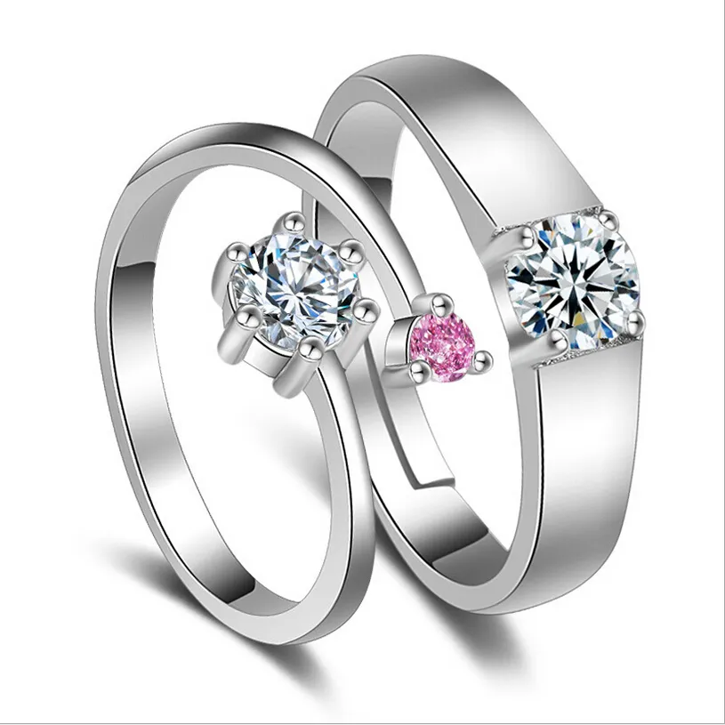 Anel de casamento de zircônia, anel romântico simples de casal com anel rosa cz, faixas de cobre ou anéis para noivado, para homens e mulheres