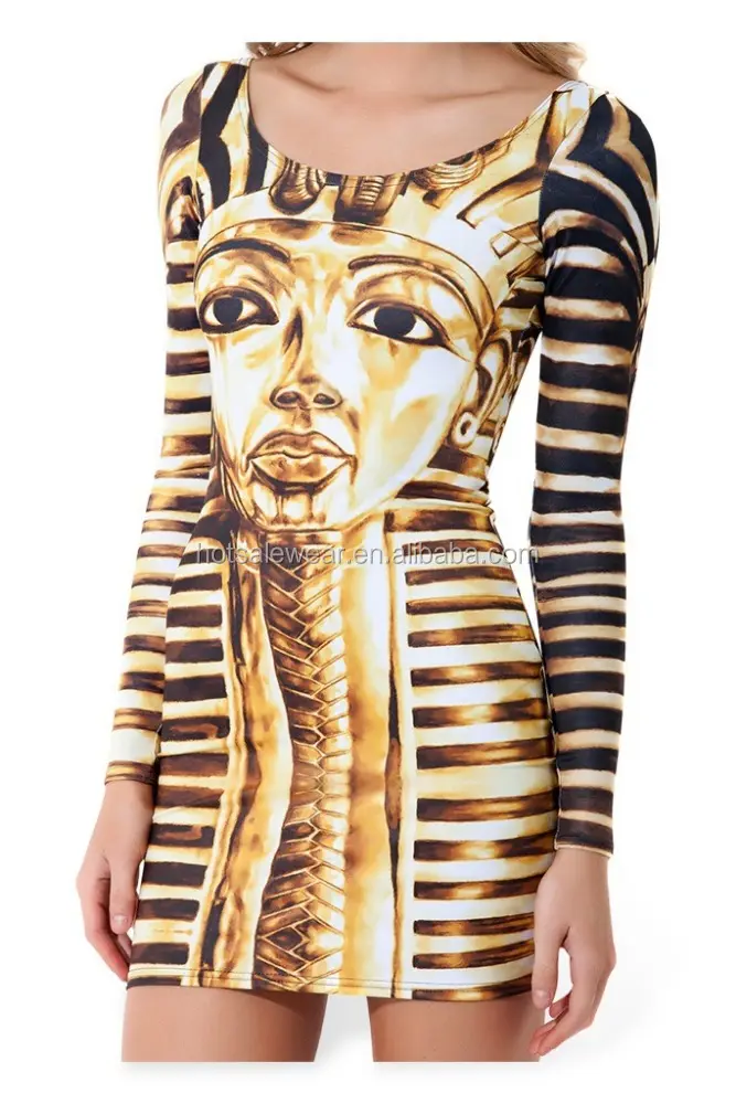 À manches longues polyster Egypte avatars imprimé personnalité femmes mini robe WT-SKY CQ 001