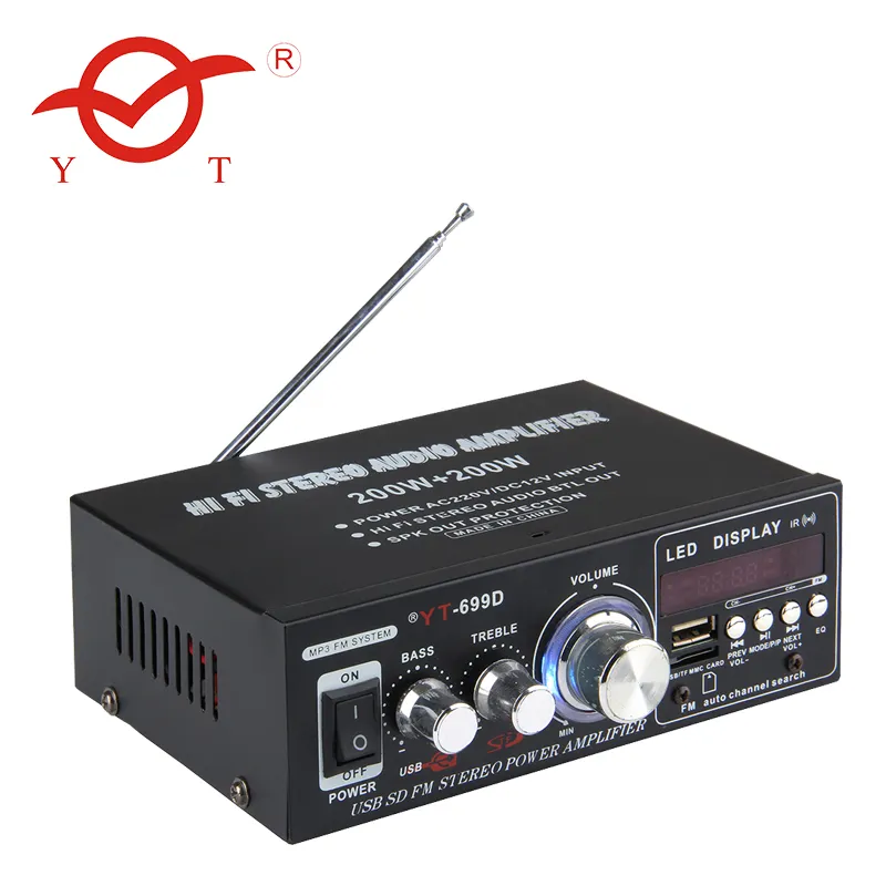 Hot! YT-699D small home HiFi stereo audio mini amplifier 180w+180w with USB/SD/FM/BT/LED Display