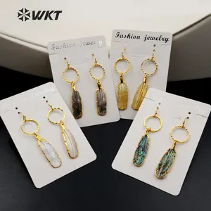 WT-E375 WKT Wholesale New Fashion Style Genuine Abalone Shell Earrings Feather Shape Shell Dangle Earrings