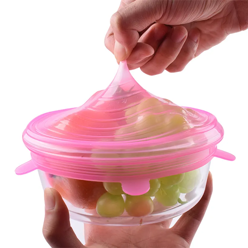 Paquete de 6 de grado de alimentos reutilizables ahorro tapa contenedor conjuntos elástico tazón cubre Flexible de silicona elástico tapas