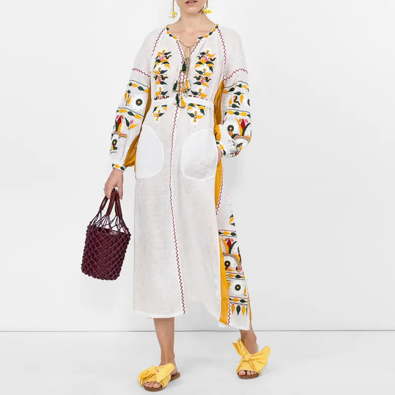 Pakaian Mewah 2023 Gaun Perancang Pantai Boho Wanita Gaun Maxi Lengan Panjang Bordir Bunga Putih Gaun Katun Linen Musim Panas