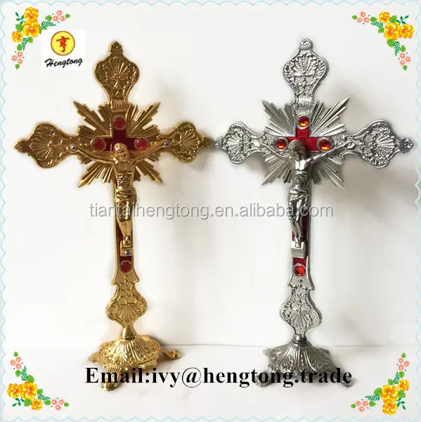 Gold / silver religious Juses metal standing crucifix, church / home decoration catholic cross