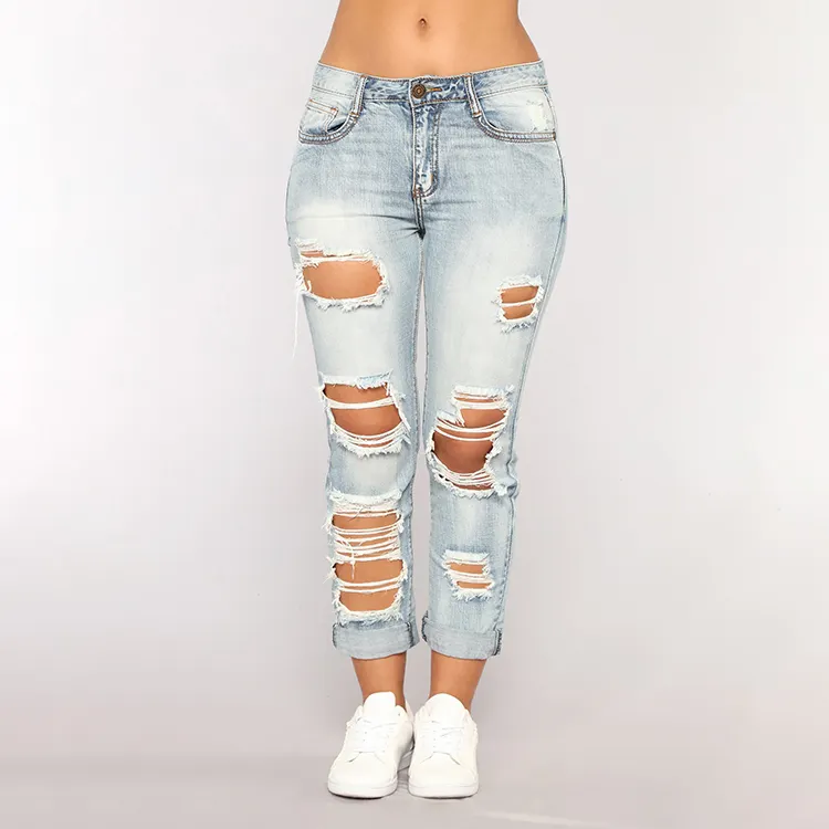 Las niñas jeans ajustados retro denim agujero Pantalones casuales de las mujeres pantalones vaqueros rasgados