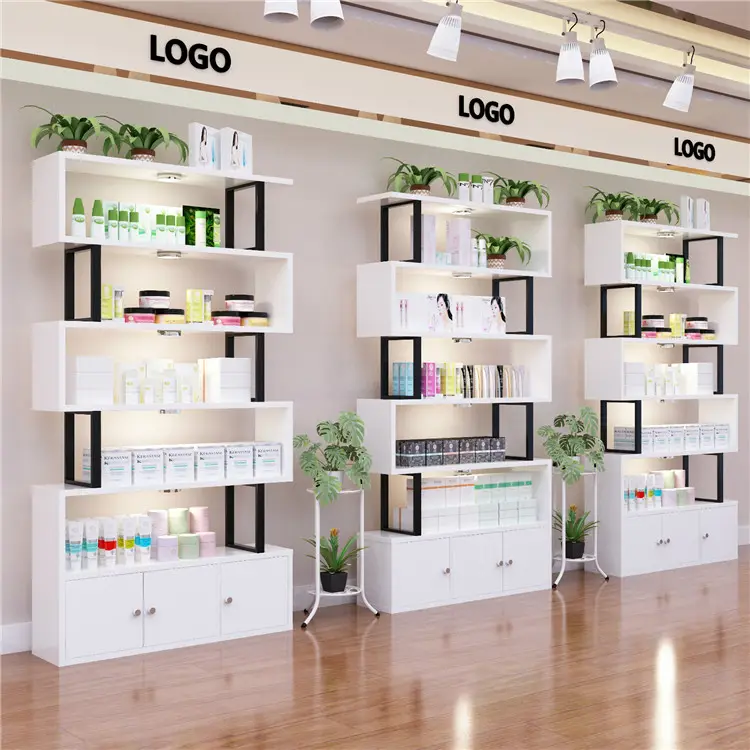 Customized Cosmetic Store Shelves Fixtures White With Led Light