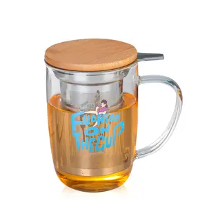 Mug Kaca Hadiah Tutup Bambu Kayu dengan Infuser Teh Longgar 470Ml