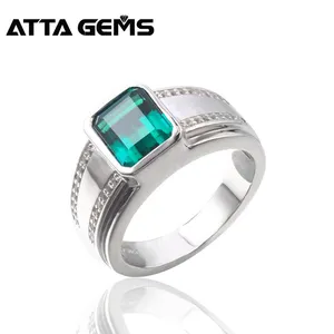 Luxuriant In Design Created Green Octagon Cut Emerald Sterling Silver Wedding Bands or Rings For Men