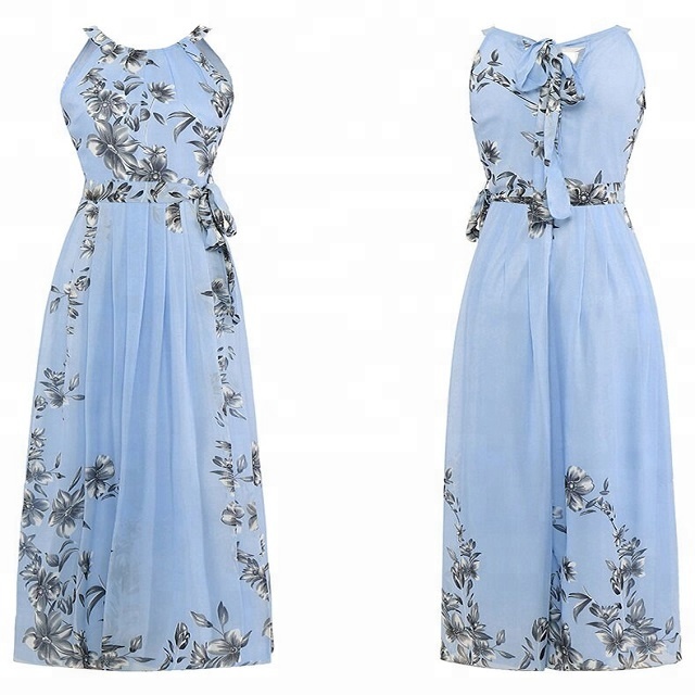 Wholesale Summer Women Beach Dress Chiffon Floral Printed Halter Tunic  Sleeveless Long Maxi Party Boho Dresses