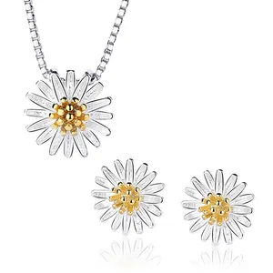 Coreano Simples 925 Sterling Silver Flower Jewelry Set Moda Bonito Little Daisy Jewelry Set Banhado A Ouro Para Meninas