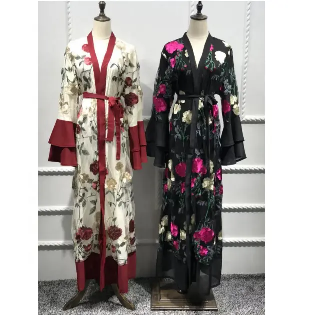Fashion Dubai Muslim Wanita Bunga Renda Bordir dengan Lapisan Terbuka Abaya