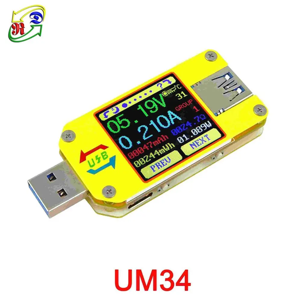 RD UM34 USB 3.0 Type-C 컬러 LED 디스플레이 DC 전압계 전류계 전압 전류 무도계 케이블 저항 전원 은행 USB 미터