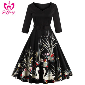 Robes de soirée noires rétro à imprimé cygnes, ventes chaudes - Product Image 1