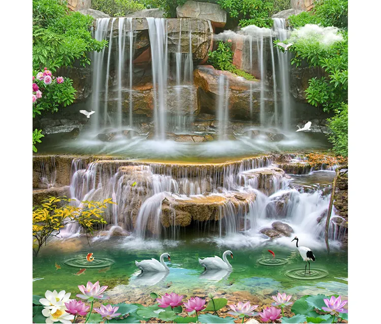 Papel tapiz 3d para decoración del hogar, mural de pared de paisaje de cascada barato, papel de pared autoadhesivo de loto, venta al por mayor