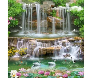 En gros 3d papier peint pas cher cascade paysage mur mural lotus auto-adhésif papier peint pour la décoration de la maison