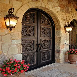 Elegant Wrought Iron Door with Arched Transom for Villa/Double Entry Wrought Iron Door/Custom Ornamental Iron Doors