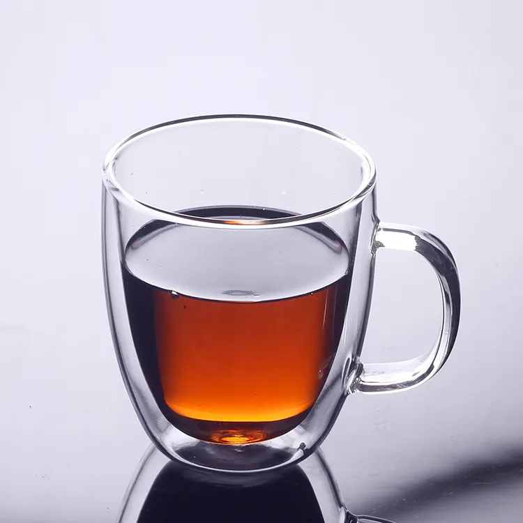 Handmade borosilicate double wall glass mug coffee cup with handle