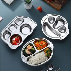 304 Piring Baja Tahan Karat 5 Kompartemen Baki Makan Siang India Thali Makanan Cepat Kantin Piring Makan Malam Terbagi dengan Tutup Baja