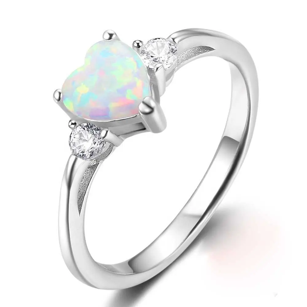 White Opal Stone Jewelry 925 Sterling Rings Heart Shape Platinum Silver Plating Simple Customer Design Ladies Rings By JUNLU
