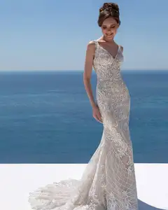 Eslieb piccola di stile di New York con scollo a V champagne beach abito da sposa in pizzo appliques con rimovibile gonna corte dei treni abito da sposa