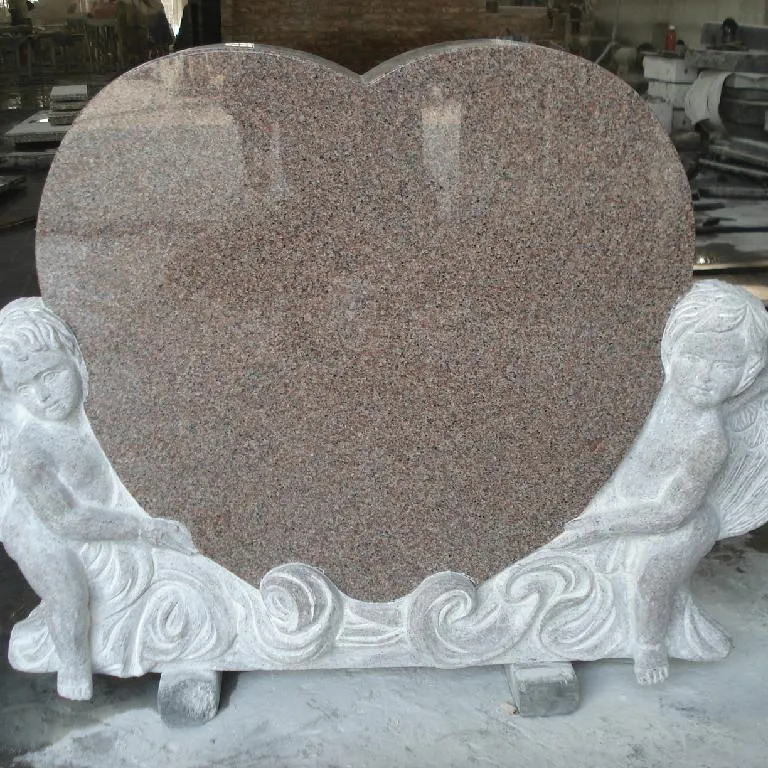 Grabado en forma de corazón de lápida de fábrica, diseño de lápida de ángel, lápida de granito rojo, estatua de bebé, ángel