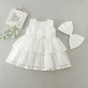 Bé Tắm Ăn Mặc Bán Buôn Bé Công Chúa Ăn Mặc Appliques Ren Tulle Flower Girl Trắng Frock Wedding Baby Girl Rửa Tội Ăn Mặc