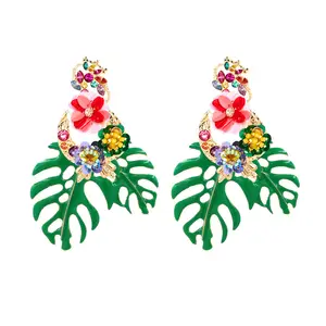 Fashion Design Luxury Colorful Crystal Bohemian Leaf and Flower Handmade Big Pendant Earring for Women Jewelry