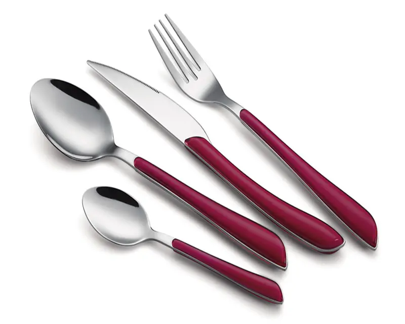 Set peralatan makan stainless steel, alat makan stainless steel gagang plastik poles cermin warna-warni pesta romantis