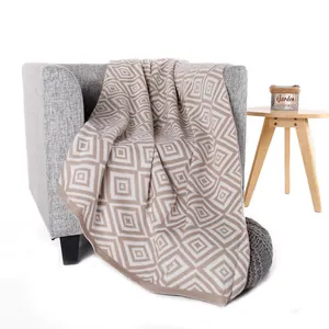 Pattern Cozy Throw Blanket for Couch sofa travel bed Khaki Color Soft Geometric Modern Solid Knitted Rectangular OEM ODM