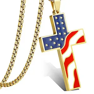 Latest Gold Jewellery Designs Enamel American Flag Cross Necklace pendant Jewelry for Men