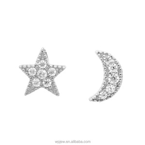 925 Sterling Silver Rhodium Rose Gold Plated Star and Half Moon <b>Crystal</b> CZ Fashion Stud <b>Earrings</b> Jewelry Women - Product Image 2